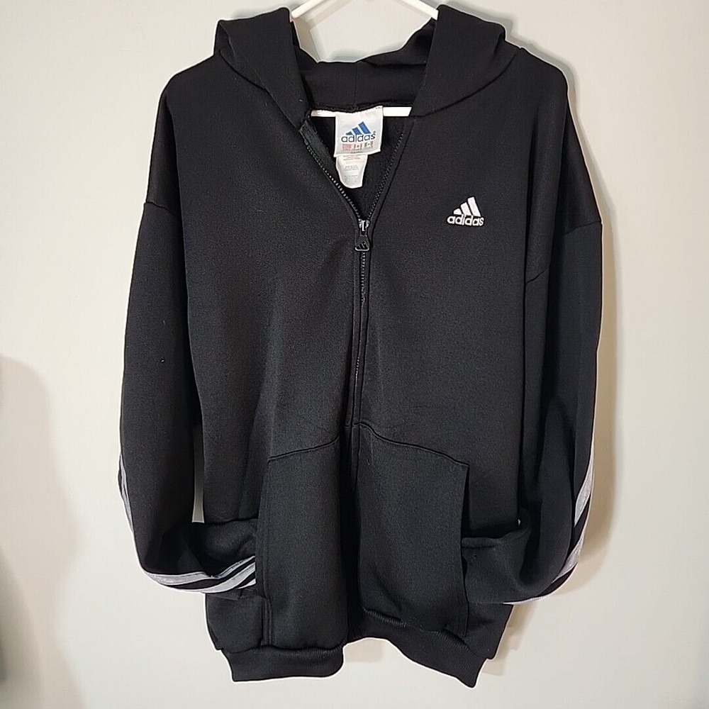 Adidas Vintage Mens Full Zip Hoodie Black 3 Stripe Fleece Sweatshirt Large USA